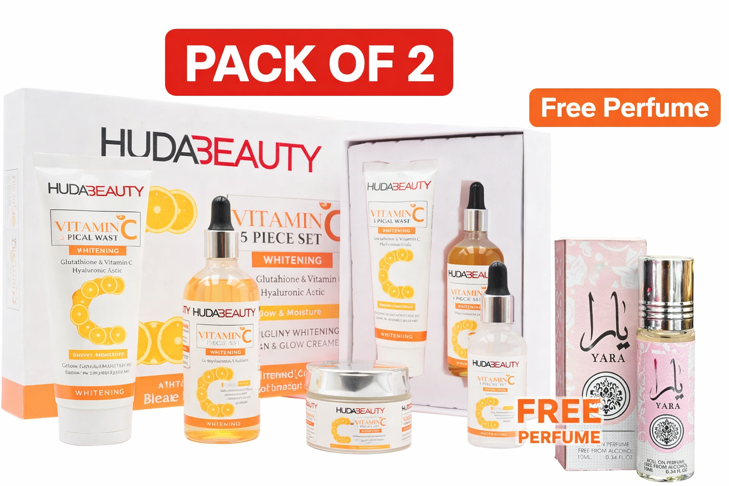 مجموعة هدى بيوتي للعناية بالبشرة بفيتامين سي لتفتيح البشرة – 5 في 1 للعناية الكاملة بالوجه