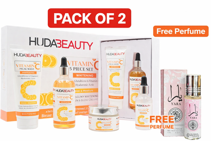 مجموعة هدى بيوتي للعناية بالبشرة بفيتامين سي لتفتيح البشرة – 5 في 1 للعناية الكاملة بالوجه