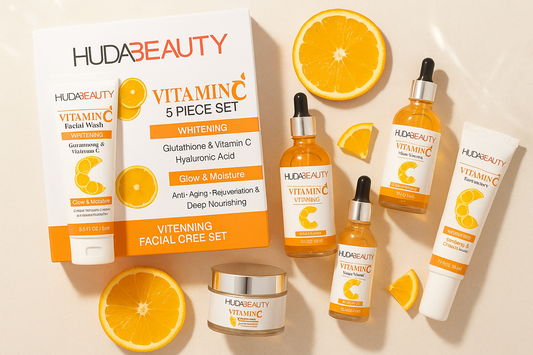 HUDA BEAUTY Vitamin C Whitening Skincare Set – 5 in 1 Complete Facial Care