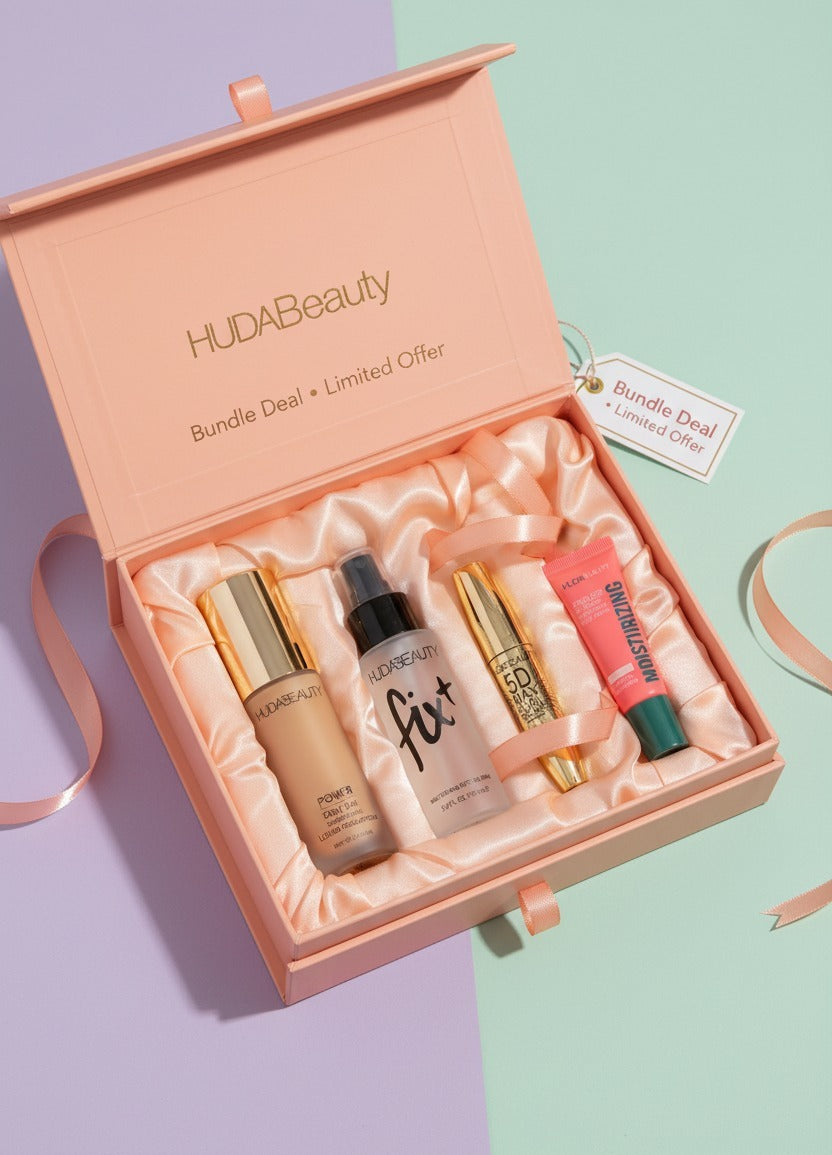Huda Beauty Power Glow Complete Makeup Set – Primer, Foundation, Mascara & Fix+ Setting Spray