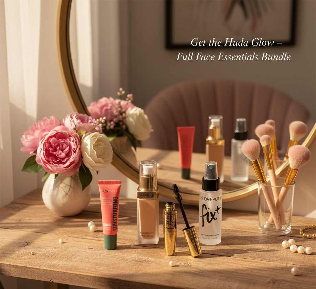 Huda Beauty Power Glow Complete Makeup Set – Primer, Foundation, Mascara & Fix+ Setting Spray