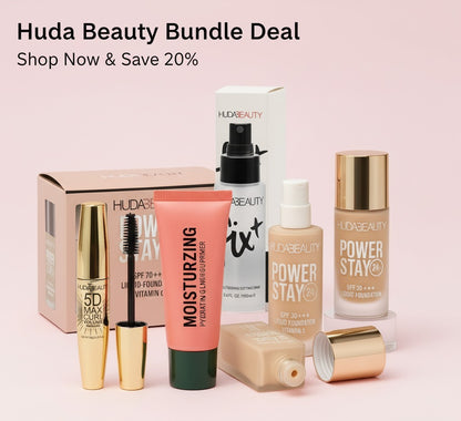 Huda Beauty Power Glow Complete Makeup Set – Primer, Foundation, Mascara & Fix+ Setting Spray