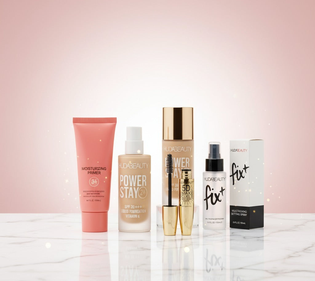 Huda Beauty Power Glow Complete Makeup Set – Primer, Foundation, Mascara & Fix+ Setting Spray