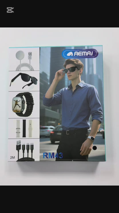 مجموعة RM43 الذكية المتكاملة – ساعة ذكية + نظارة شمسية + ملحقات (مجموعة 6 في 1)